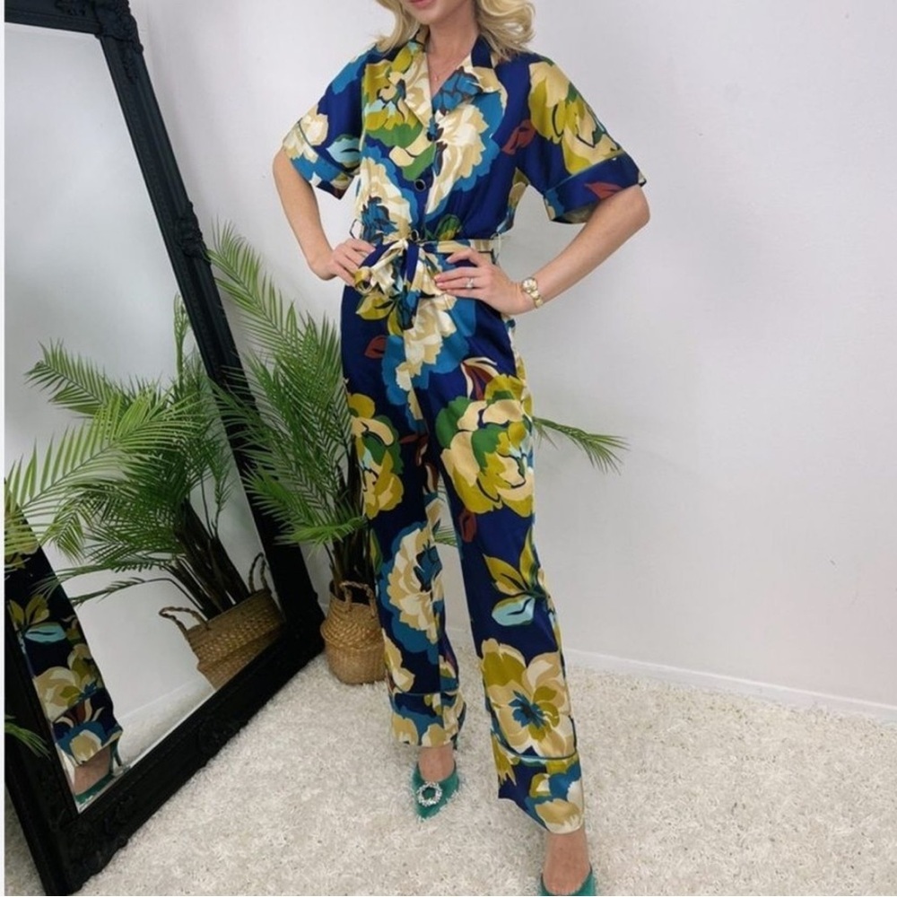 Zara Floral Satin Jumpsuit - Blue and Yellow